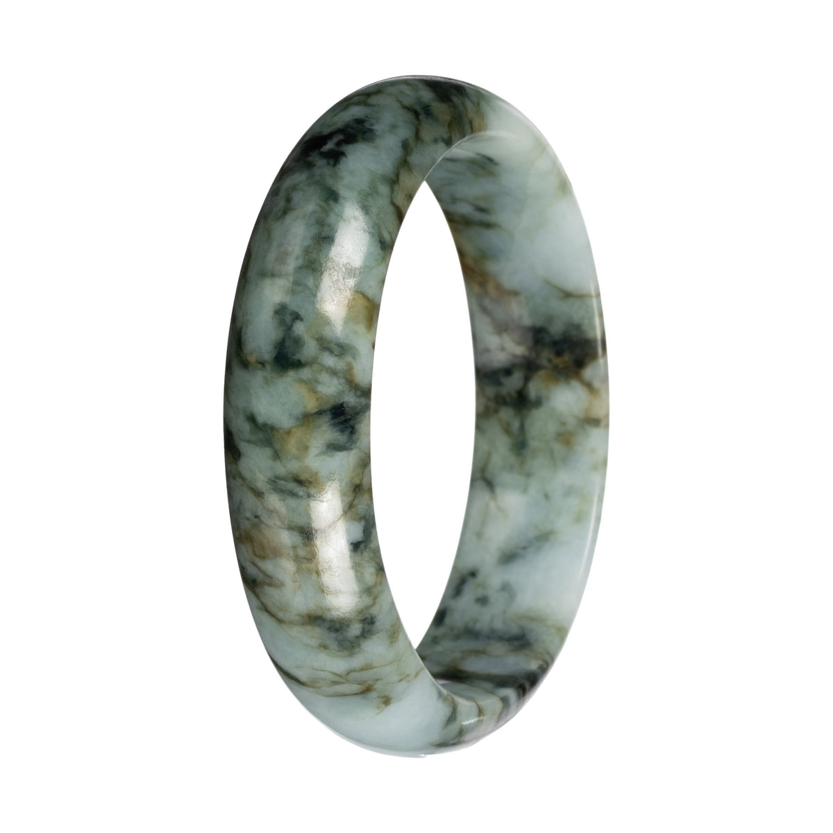 Untreated Light Green with Deep Green and Olive Green Pattern Jade Bangle - 58mm Half Moon