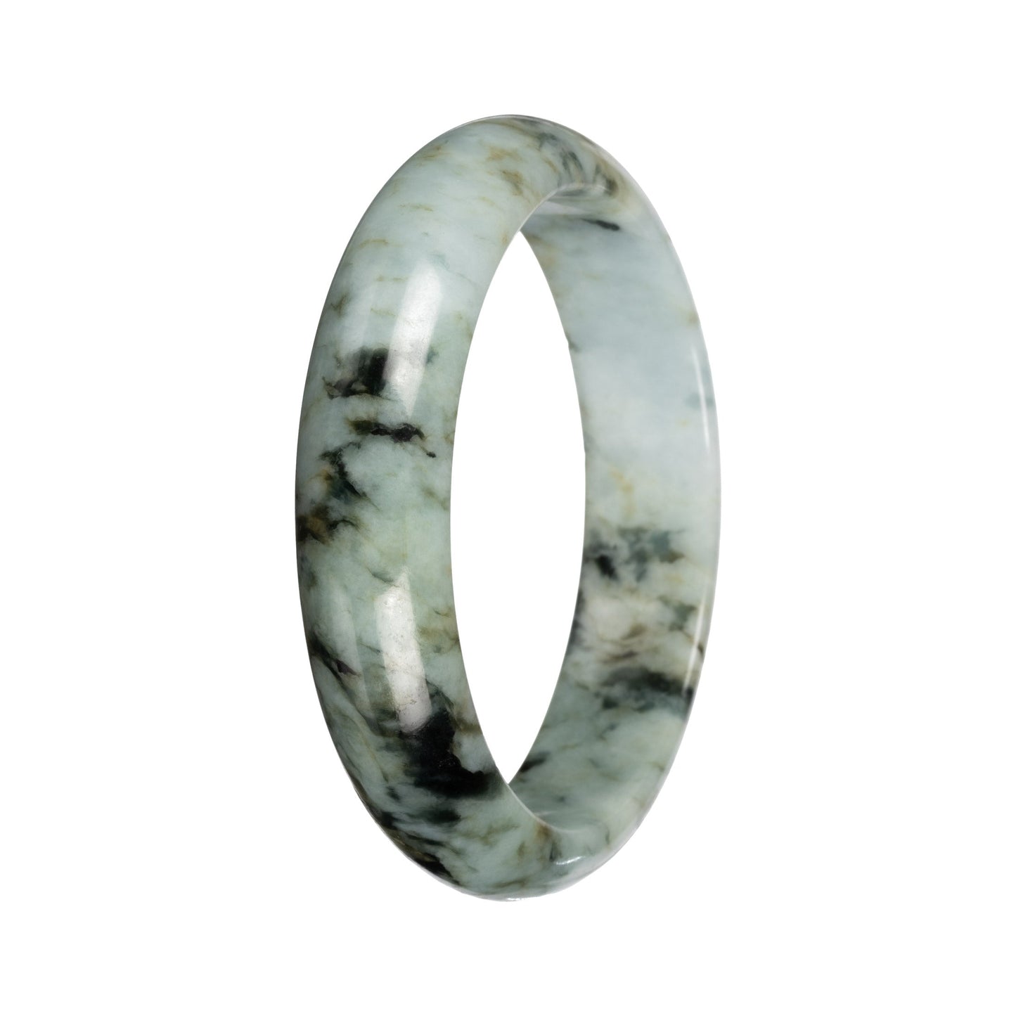 Untreated Light Green with Deep Green and Olive Green Pattern Traditional Jade Bangle - 55mm Half Moon