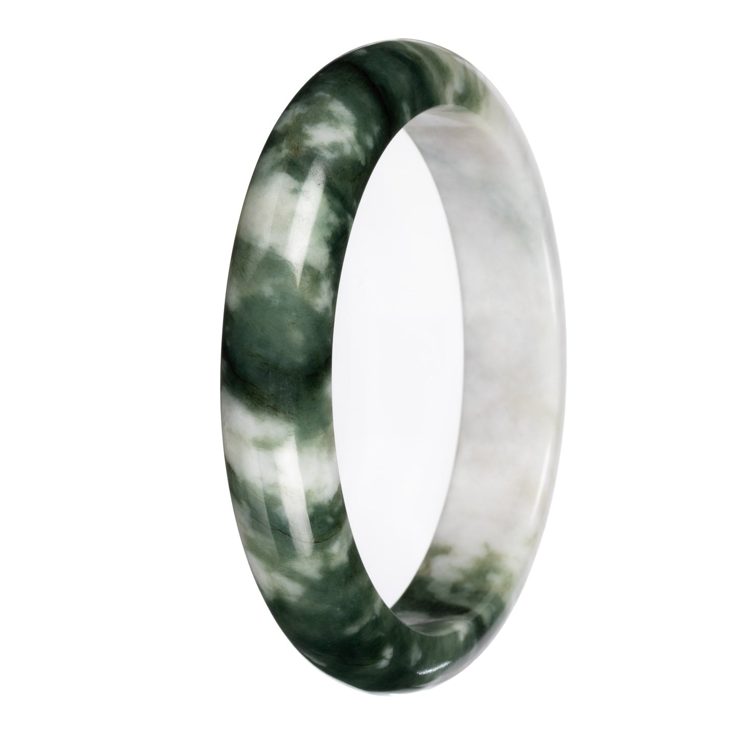 Genuine White with Deep Green Pattern Deep Green with White Section Burma Jade Bangle Bracelet - 67mm Half Moon