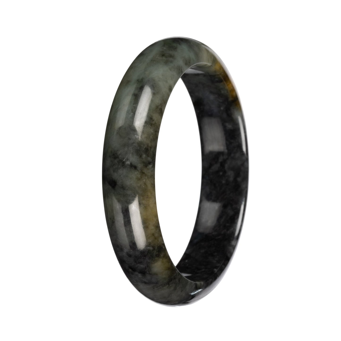 Authentic Deep Gray and Green Pattern Burmese Jade Bangle Bracelet - 58mm Half Moon