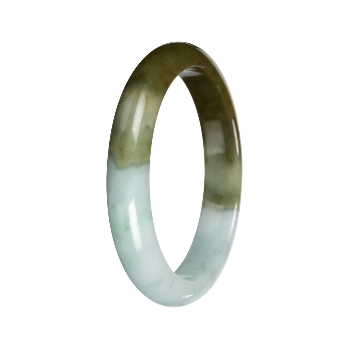 Real Light Green with Deep Olive Section Burmese Jade Bangle - 53mm Half Moon