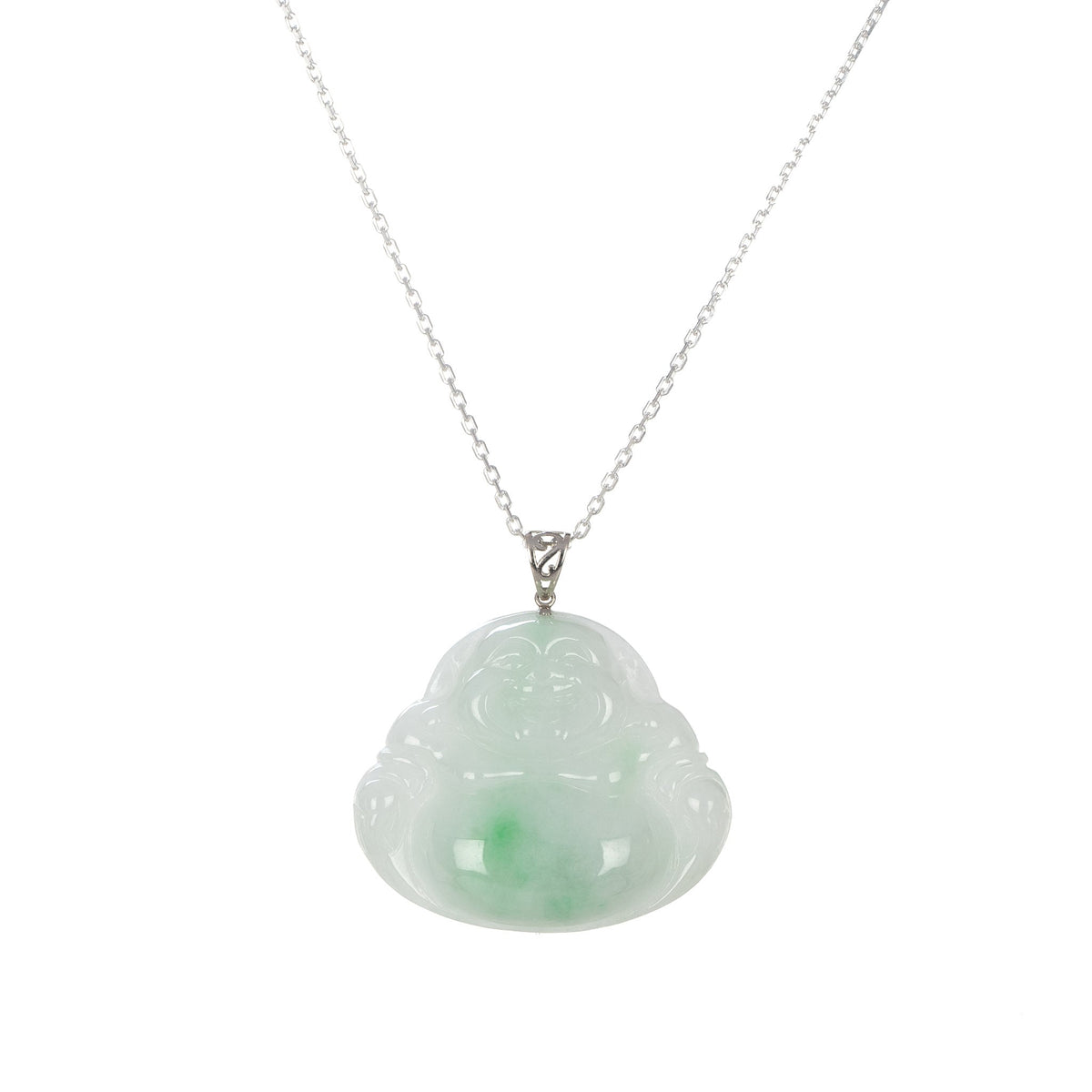 Real Fat Buddha Traditional Jade Necklace - 18K White Gold