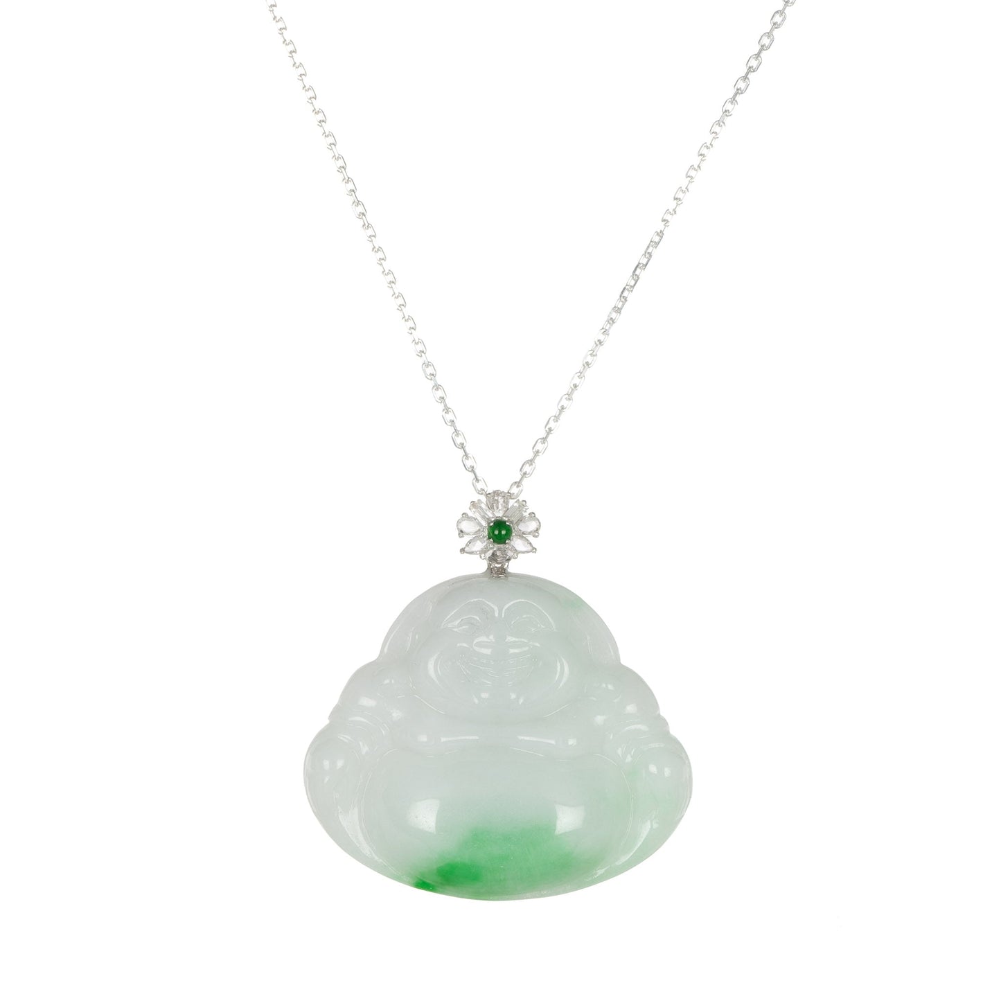 Apple Green Happy Buddha Jade Necklace with White Sapphires