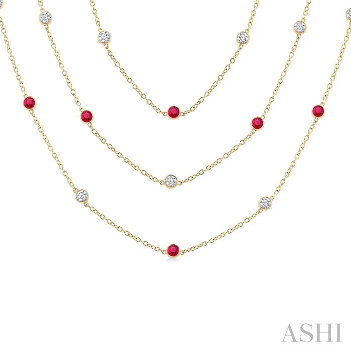 Round Shape Gemstone & Diamond Station Necklace