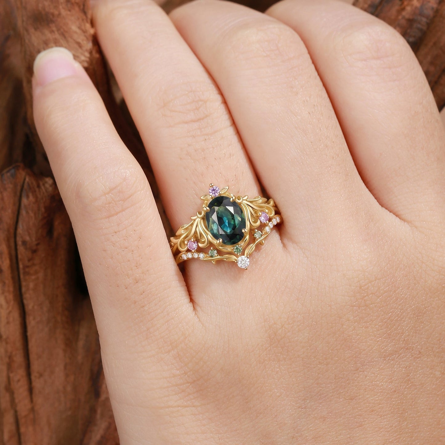 Leafy Oval Cut Natural Teal Sapphire Filigree Engagement Ring Set 2pcs - Calla