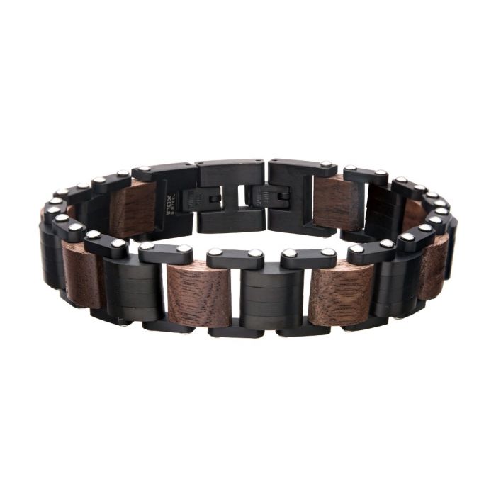 Black IP Stainless Steel and Walnut Wood Bracelet