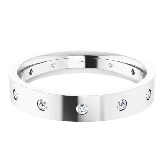 4mm wide Diamond, Moissanite or Sapphire Flush Set Eternity Flat Wedding Band