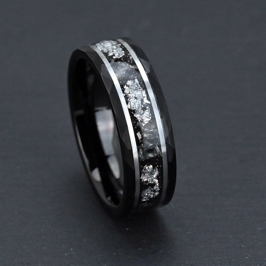 8mm Black Tungsten Ring for Men, Hammered Finish with Meteorite & Silver Foil Inlay
