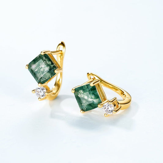 Dainty Princess Cut Moss Agate Leverback Earrings