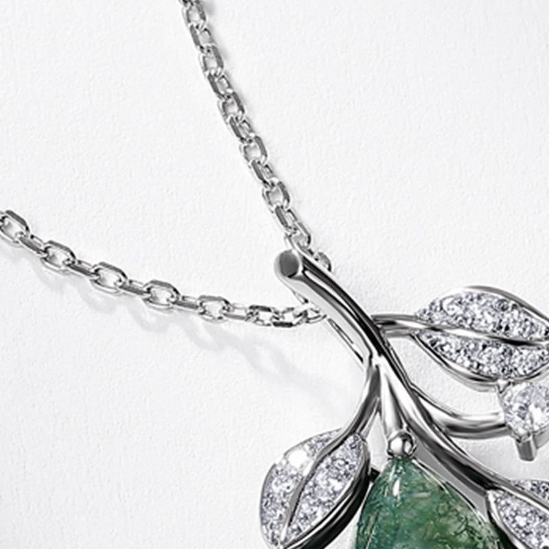 Natural Moss Agate Olive Branch Pendant Necklace