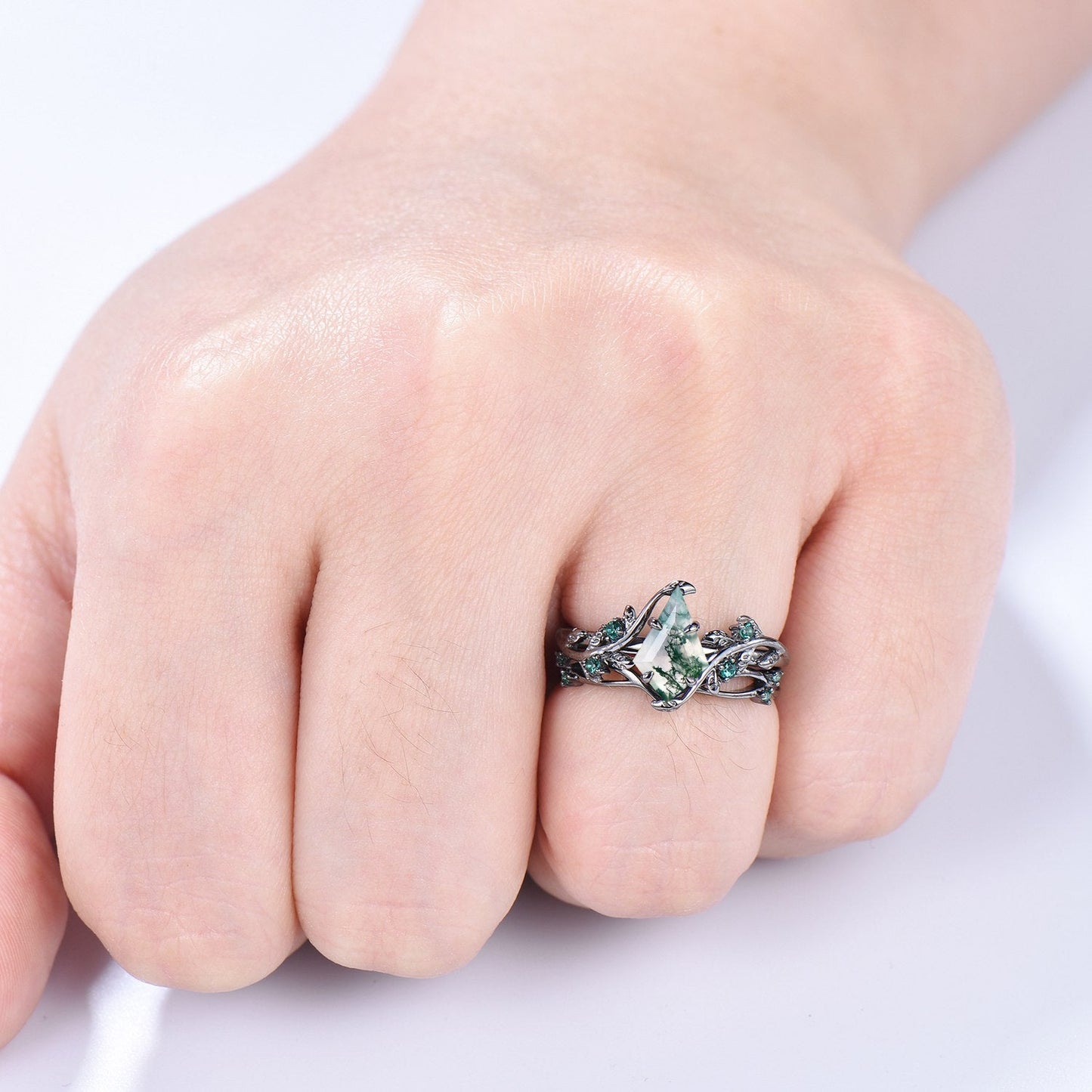 Unique black gold moss agate ring set Nature Inspired kite cut green agate engagement ring cluster emerald eye wedding ring set for women