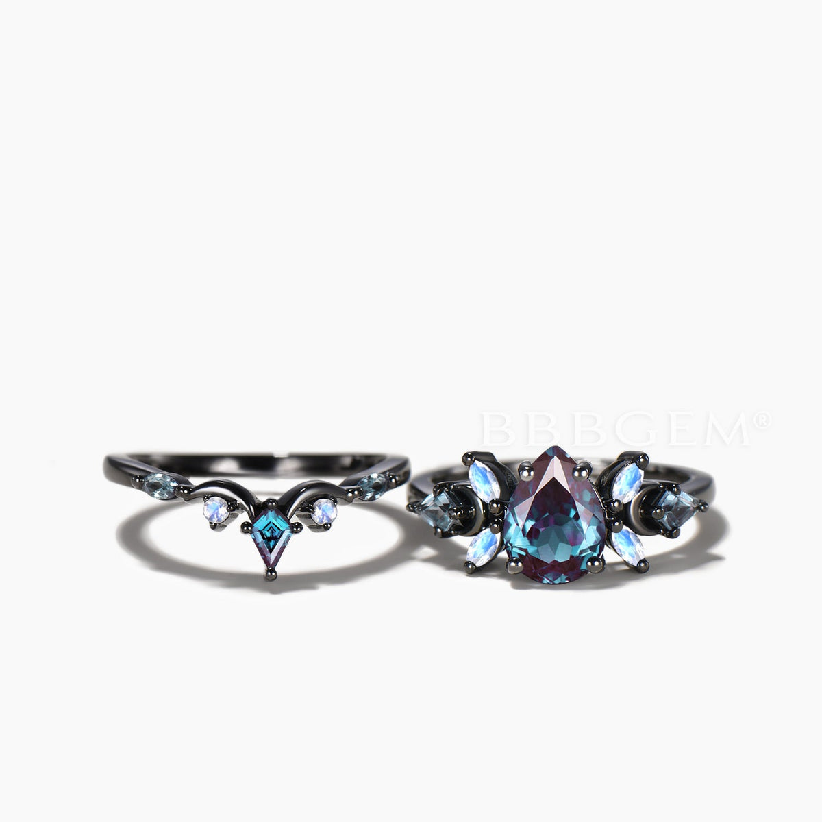 Teardrop Cut Color-change Alexandrite Ring Moonstone Accent Moon Bridal Set