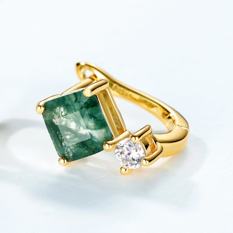 Dainty Princess Cut Moss Agate Leverback Earrings