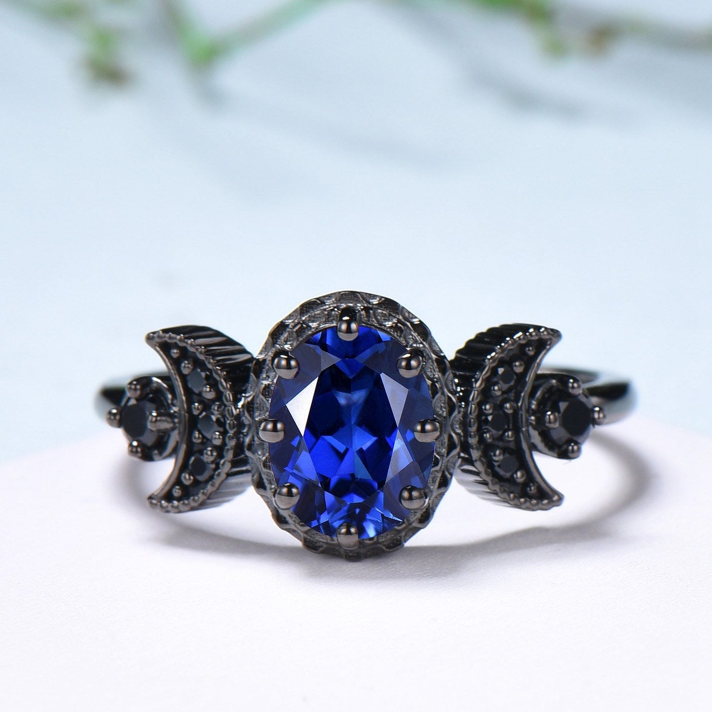 Unique moon star ring Oval blue sapphire wedding ring set Black gold gothic engagement ring set crescent moon sapphire bridal set for women