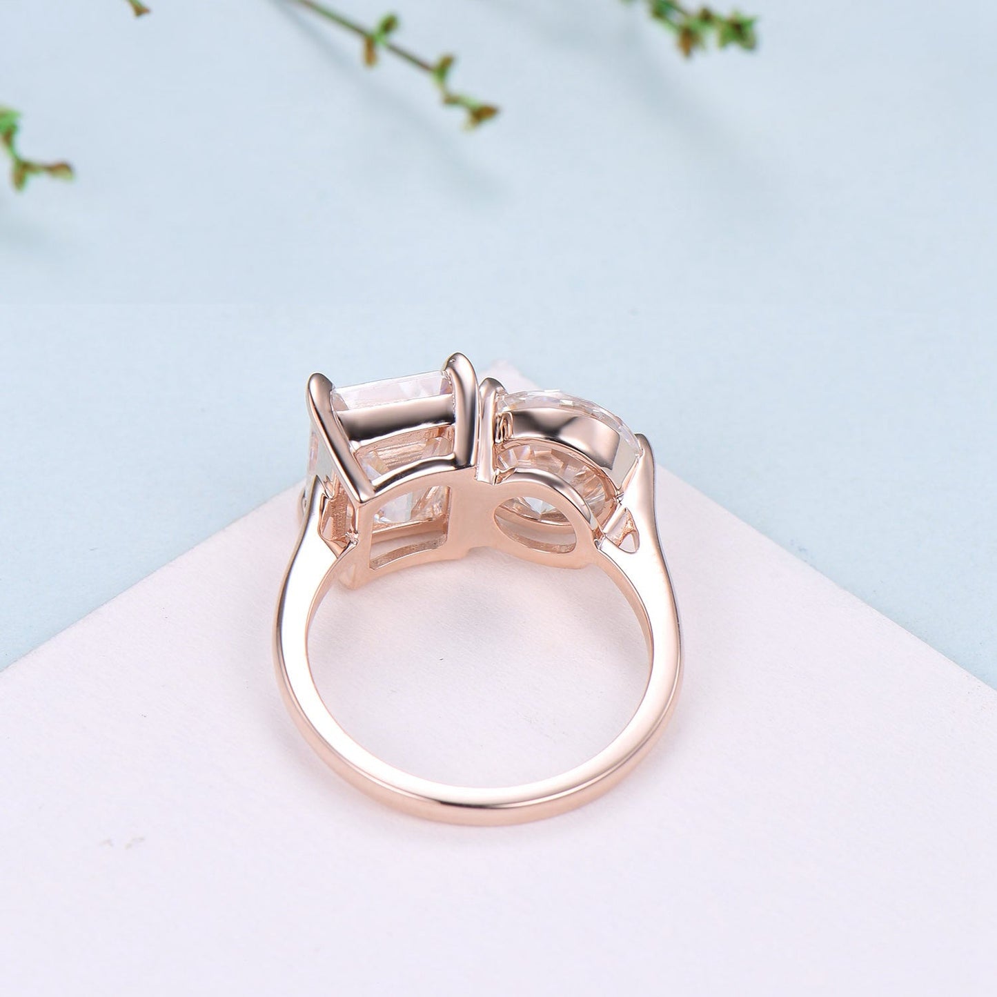 Two stone moissanite engagement ring 14k rose gold emerald round moisaanite plain rose gold wedding ring minimalist anniversary bridal gifts
