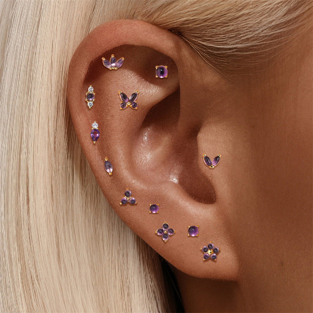 S925 Sterling Silver Natural Amethyst Geometric Cartilage Earring 16G Flat Back Earrings