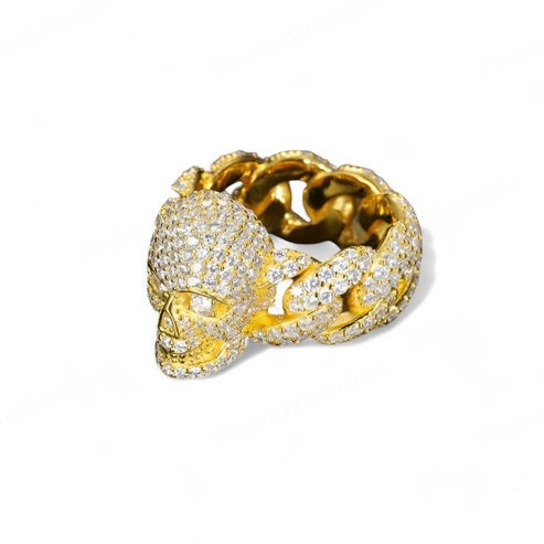 VVS1 Moissanite 925 Silver Yellow Gold Plated Iced Out Cuban Skull Ring