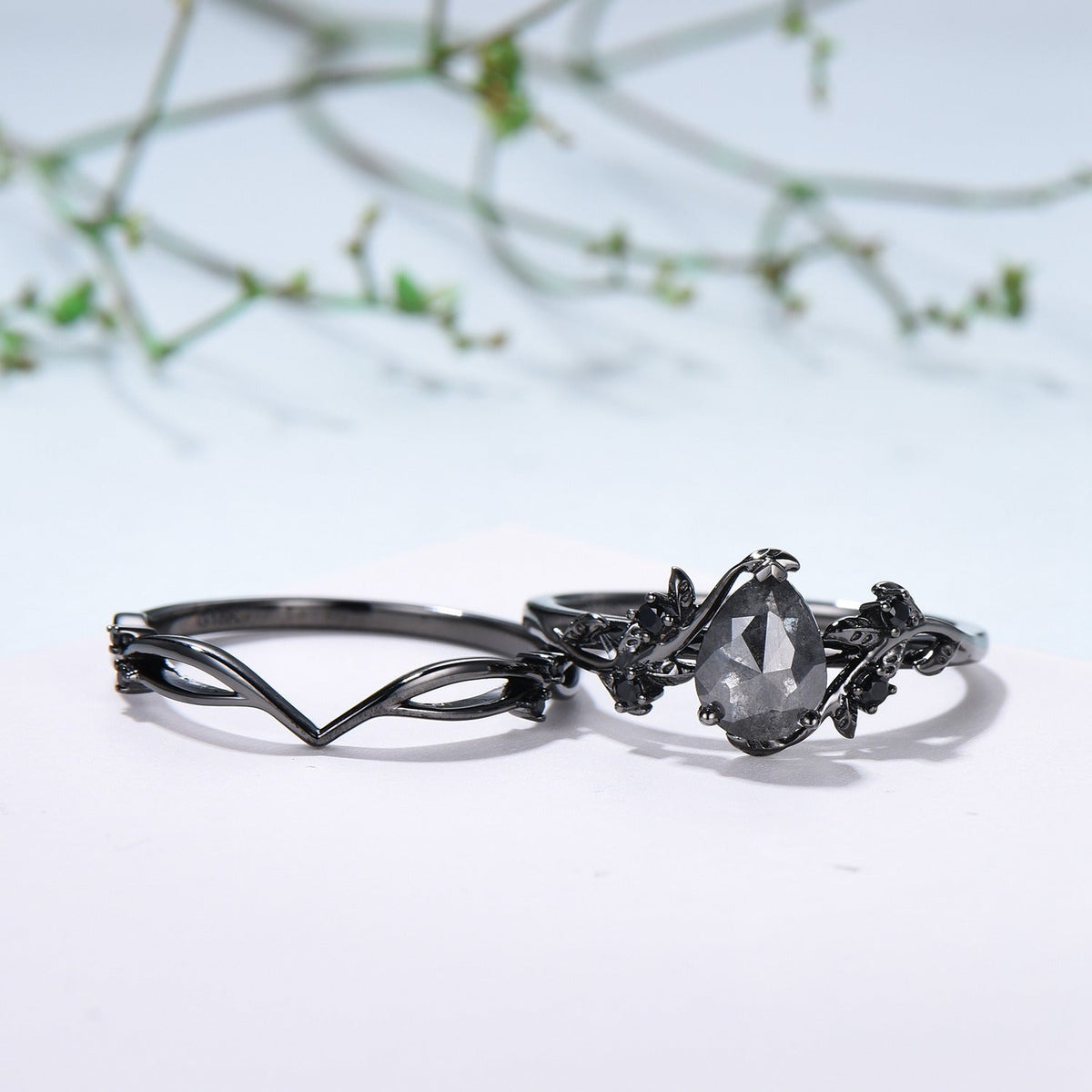 Elegant Black Gold salt pepper diamond engagement ring natural inspired pear shaped twig vine pepper diamond unique leaf vine bridal set