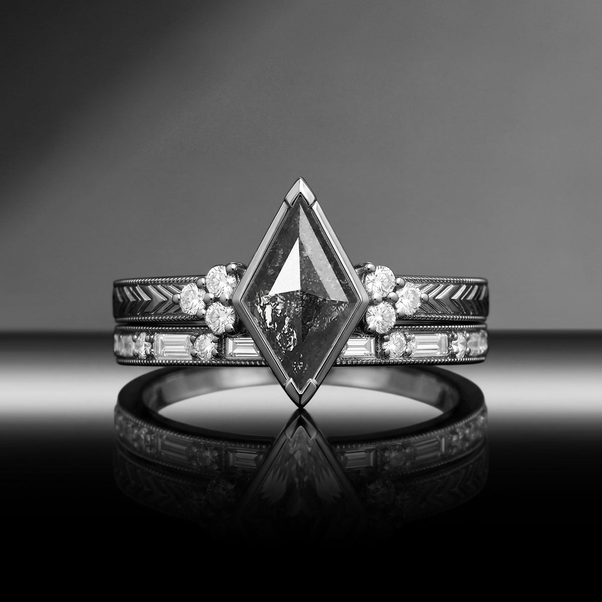 Vintage Inspired Art Deco Bezel Kite Cut Salt & Pepper Diamond Milgrain Cluster Engagement Ring Set