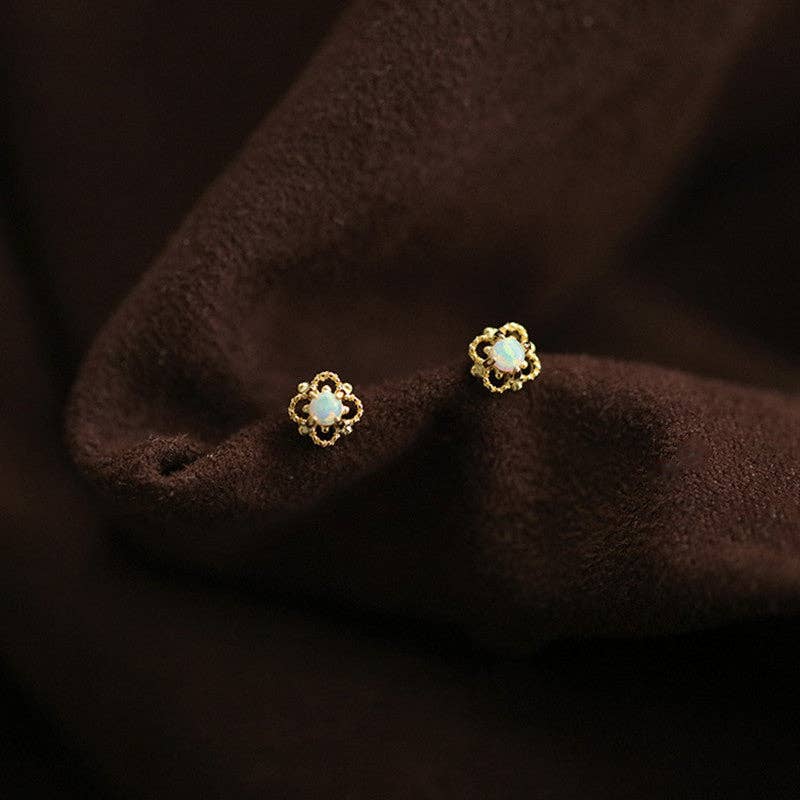 Dainty Opal Four Leaf Clover Earrings in 925 Sterling Silver: Gold