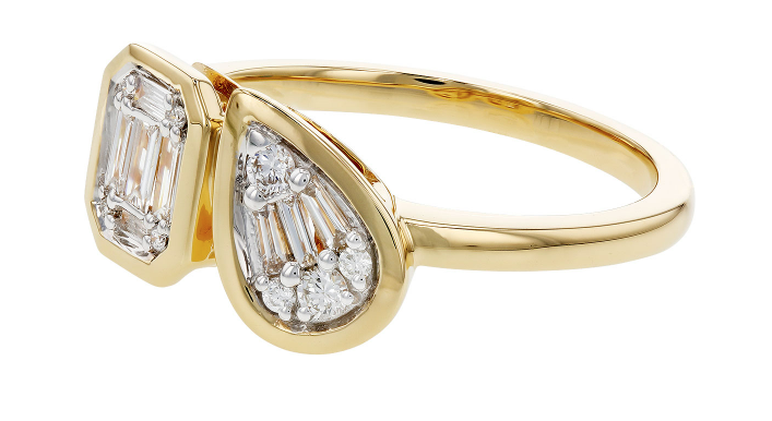 14KY Pear-Shape and Emerald-cut Diamond Cluster Toi et Moi Ring