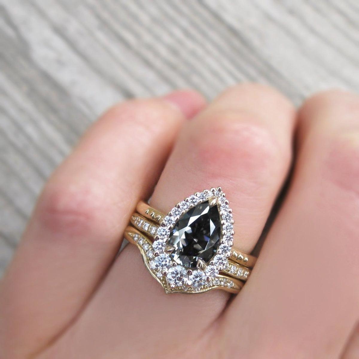 ・CELESTE・Pear Iconic™ Dark Grey Moissanite Center, Diamond Halo (1.83ctw+)