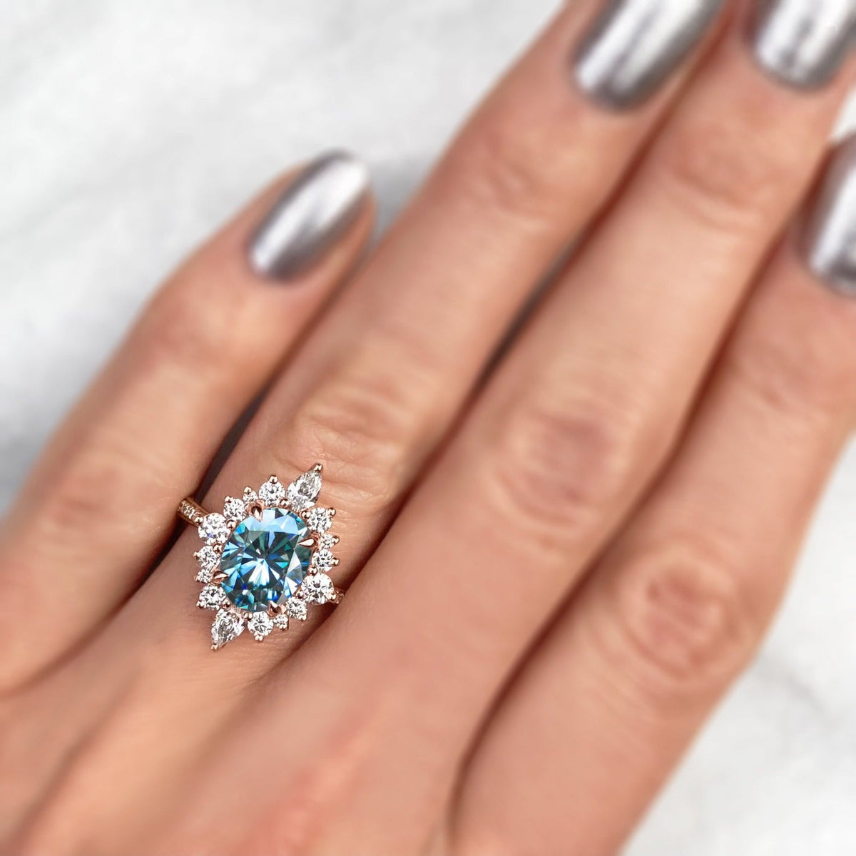 ・ANIKA・Oval Aqua-Teal Iconic™ Moissanite Center, Diamond Halo (2.75ctw+)