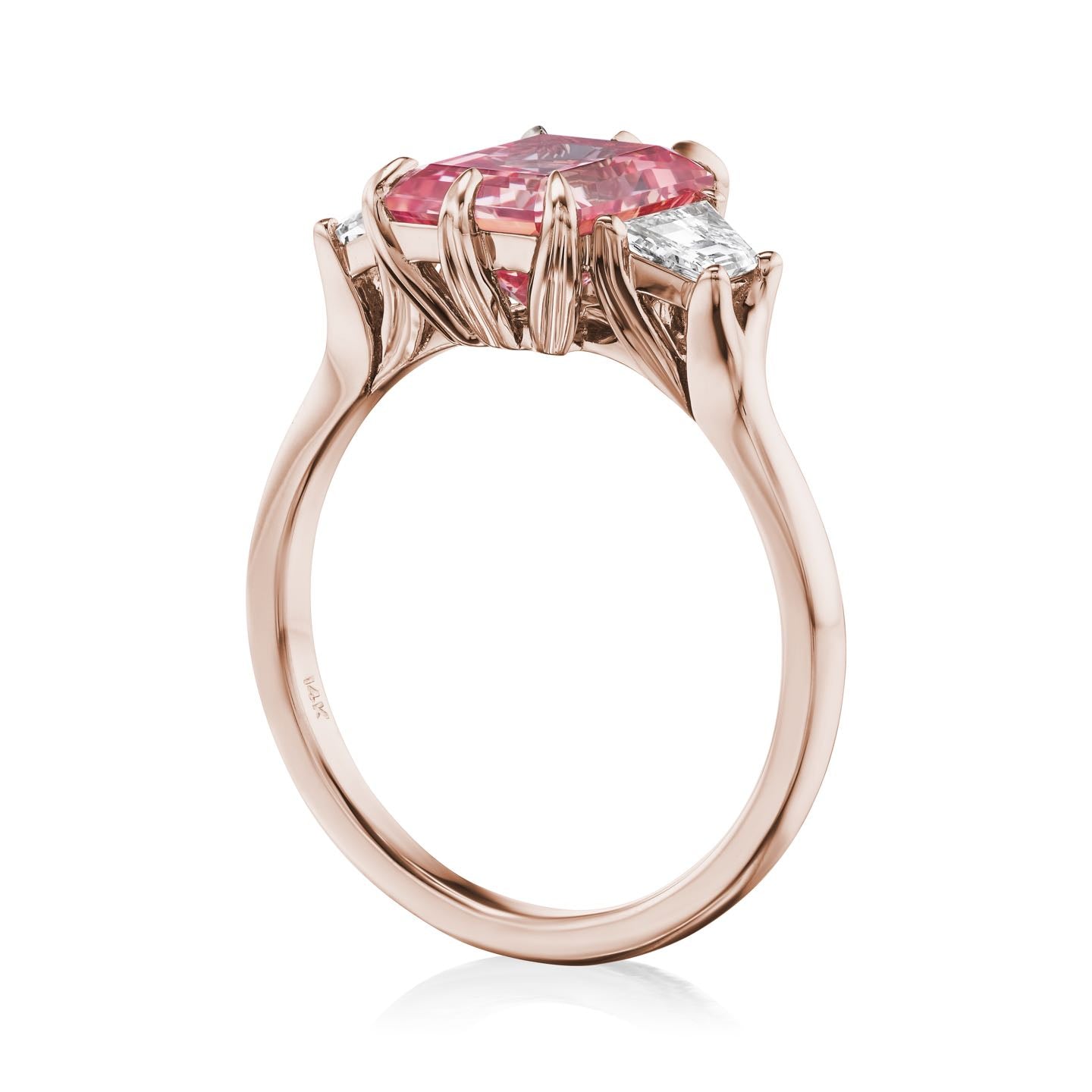 ・CORA・Radiant Peach Sapphire Center, Trapezoid Diamonds (3.40ctw)