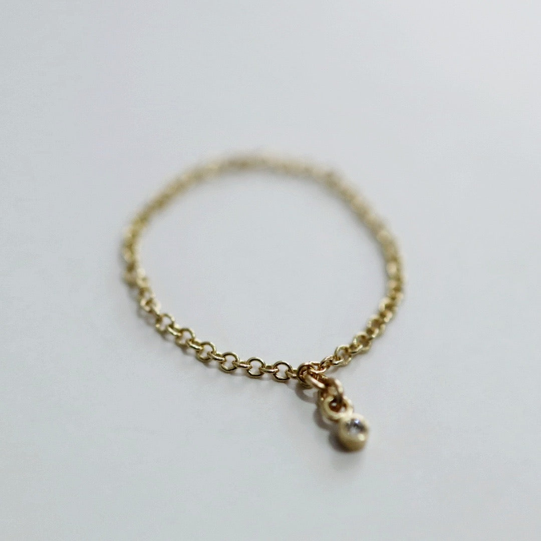 Tiny Lab Diamond Charm and chain ring in 14 Karat Yellow Gold / READY TO SHIP SIZE 9.5