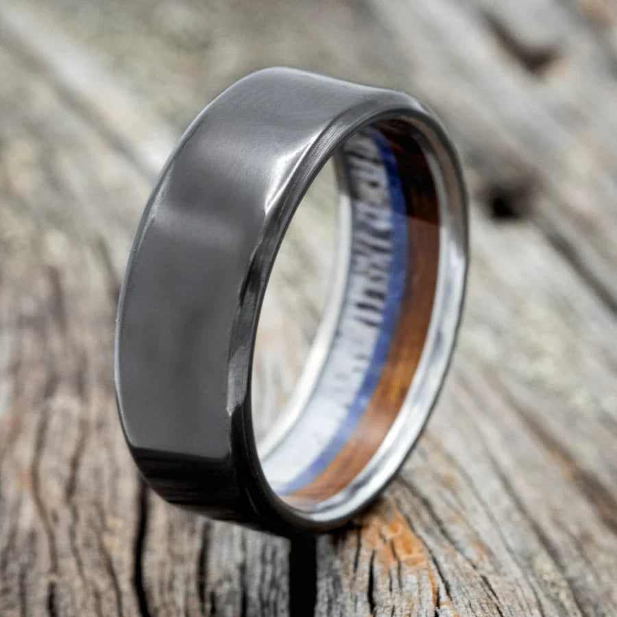 "Argos" - Whiskey Barrel Oak, Lapis Lazuli, And Antler Lined Wedding Band - Black Zirconium (8mm) - Size 7 1/2