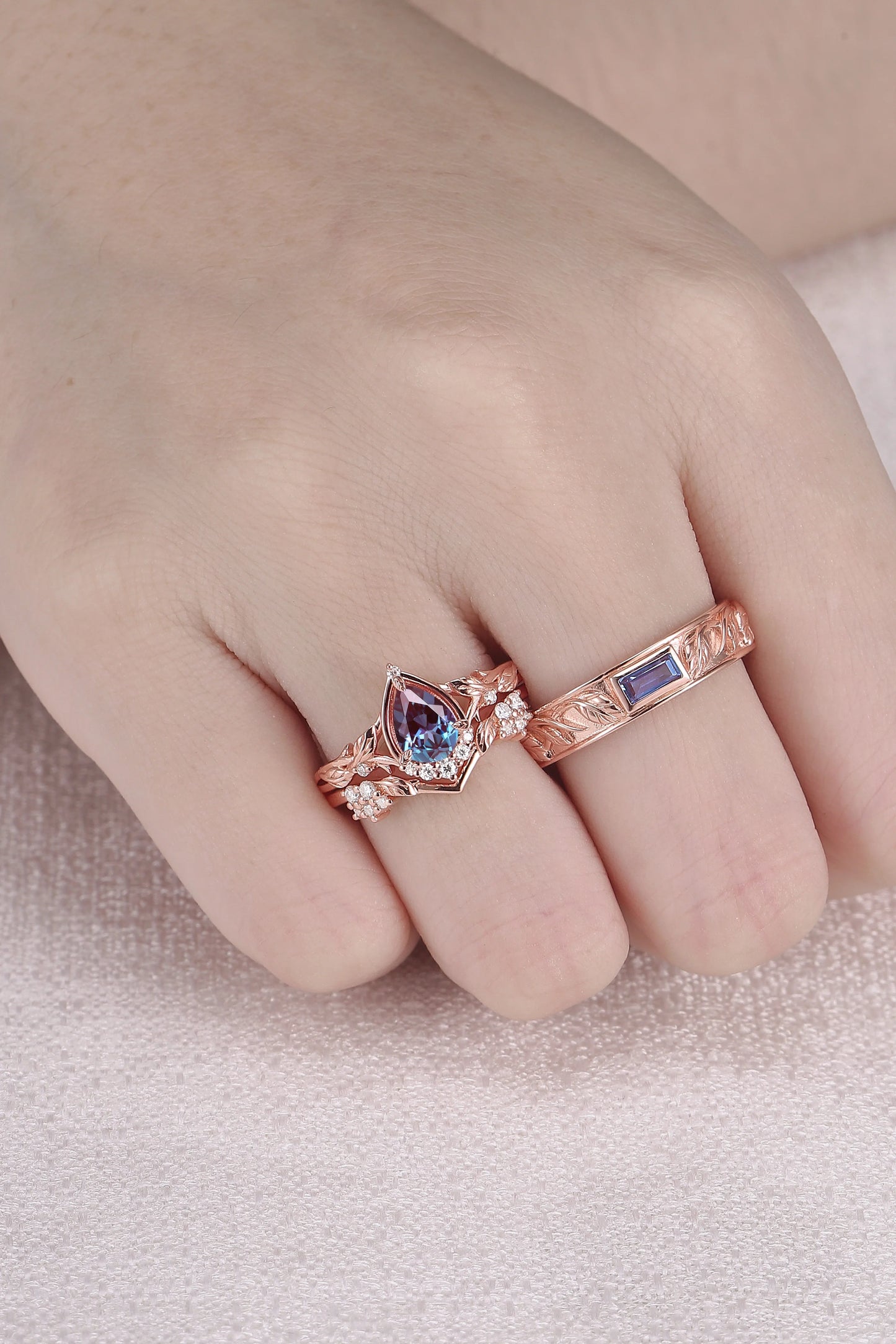 Nature Inspired Pear Cut Alexandrite Couple Ring - Magic Forest