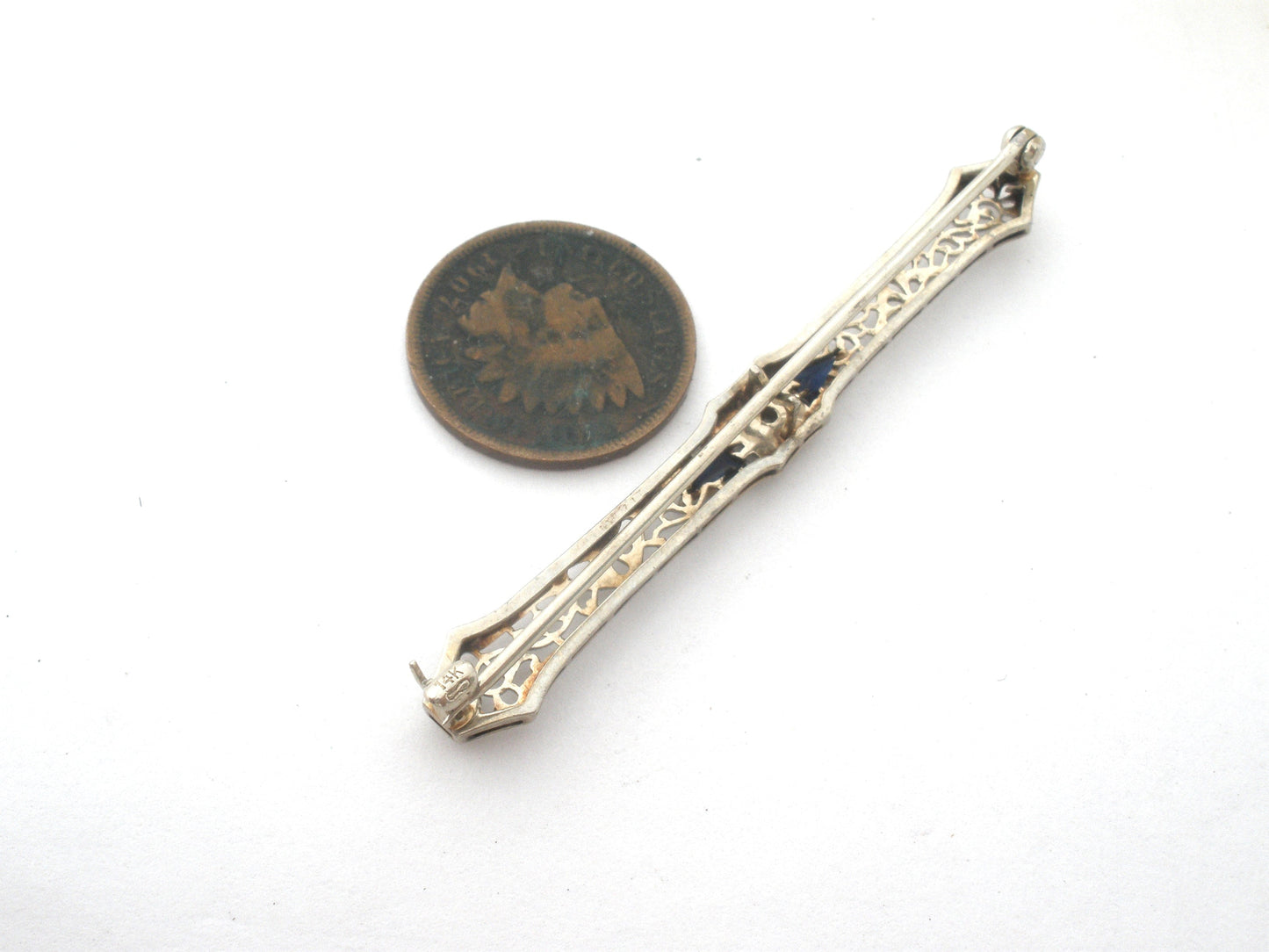 Antique 14K Gold Sapphire & Diamond Bar Pin Brooch