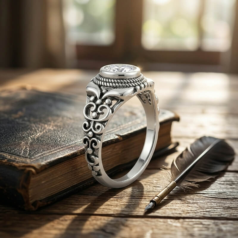 Antique Baroque Scroll Filigree Bezel Moissanite Engagement Ring