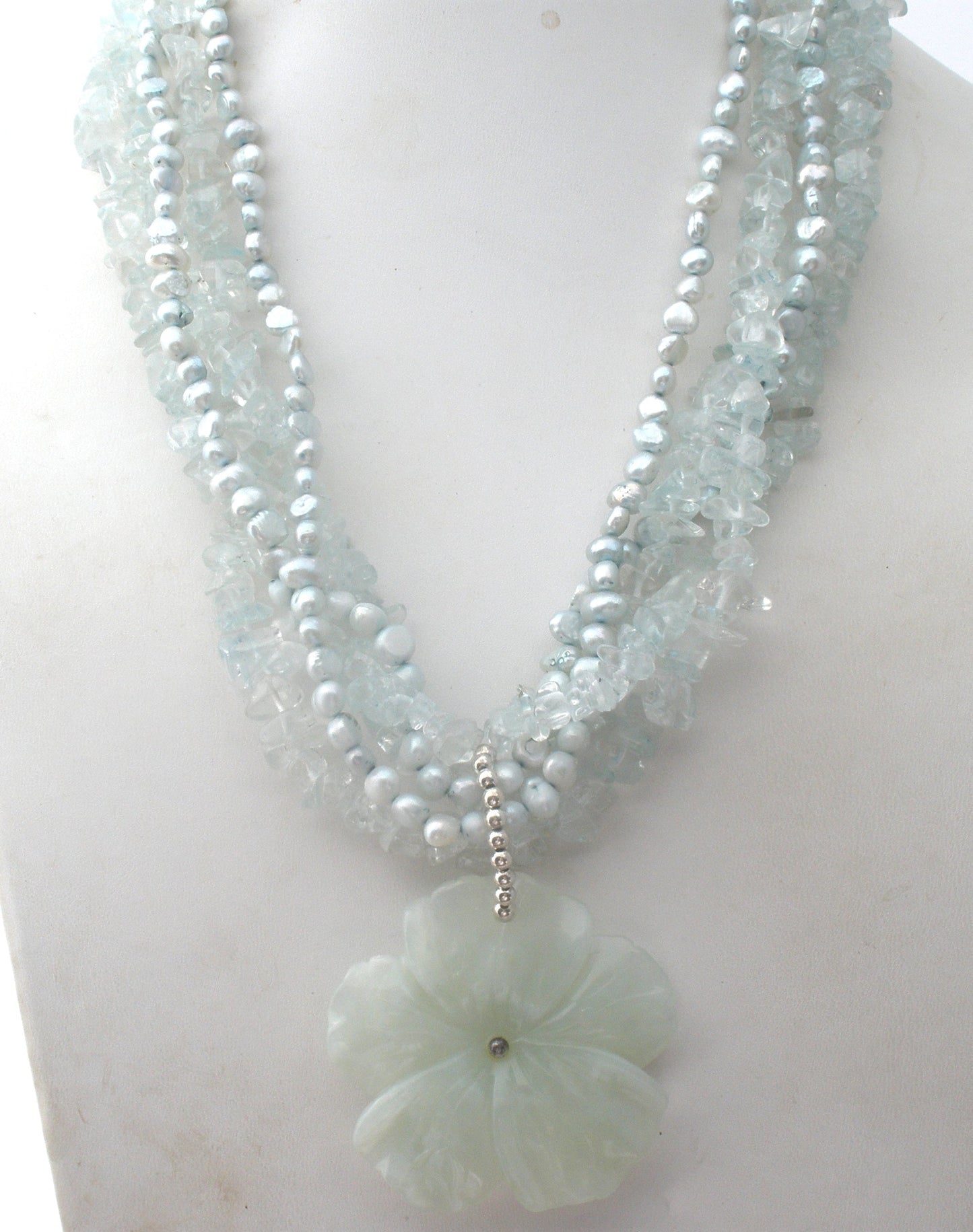 Aquamarine & Blue Pearl Flower Necklace 925