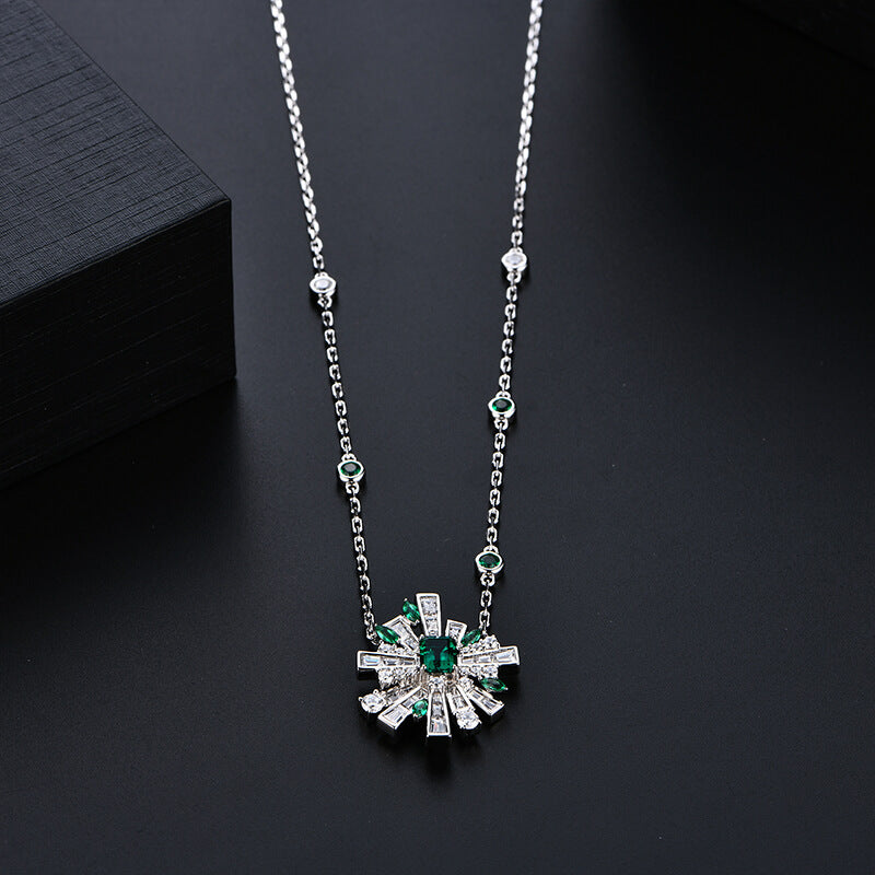 Art Deco Emerald Baguette Cluster Necklace In Sterling Silver