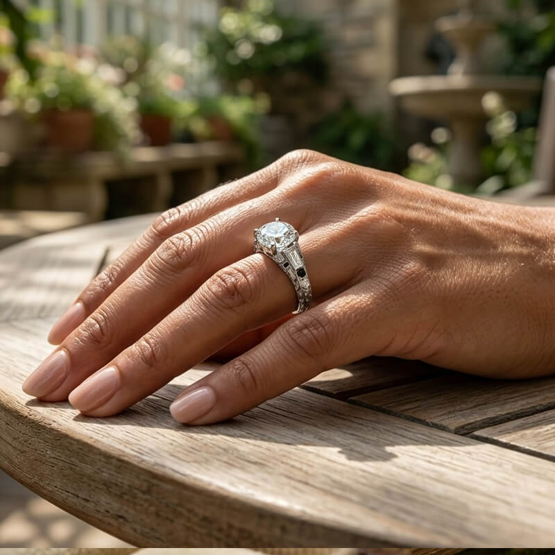 Art Deco Skyscraper Inspired Moissanite Baguette & Milgrain Accent Engagement Ring
