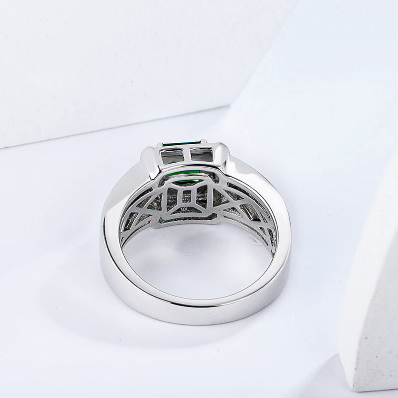 Asscher Lab-Created Emerald Pave Accents Sterling Silver Ring For Men