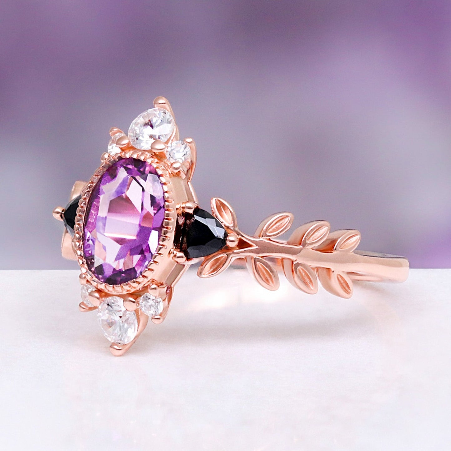 Aurelia Amethyst & Black Onyx Leaf Engagement Ring in 14K Solid Rose Gold