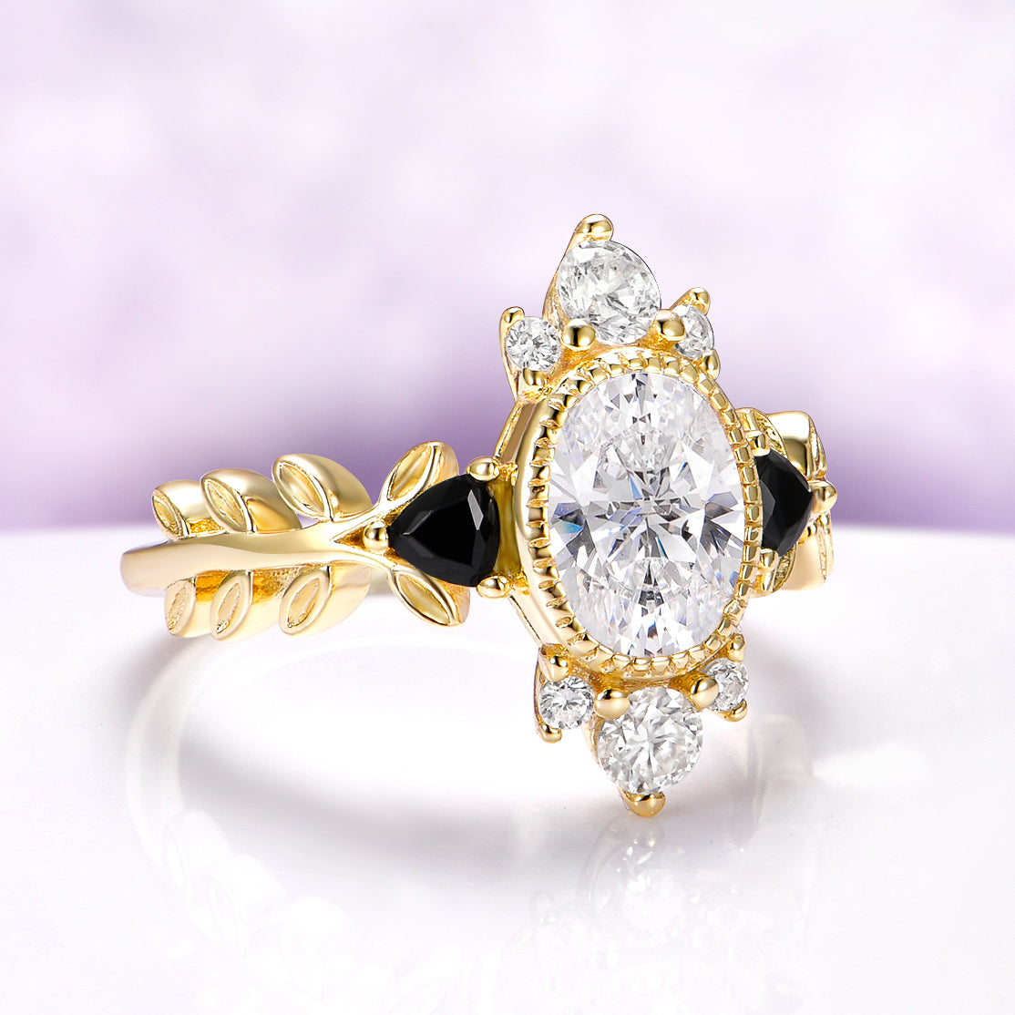 Aurelia Lab Diamond & Black Onyx Engagement Ring in Solid 14K Yellow Gold (IGI Certified)