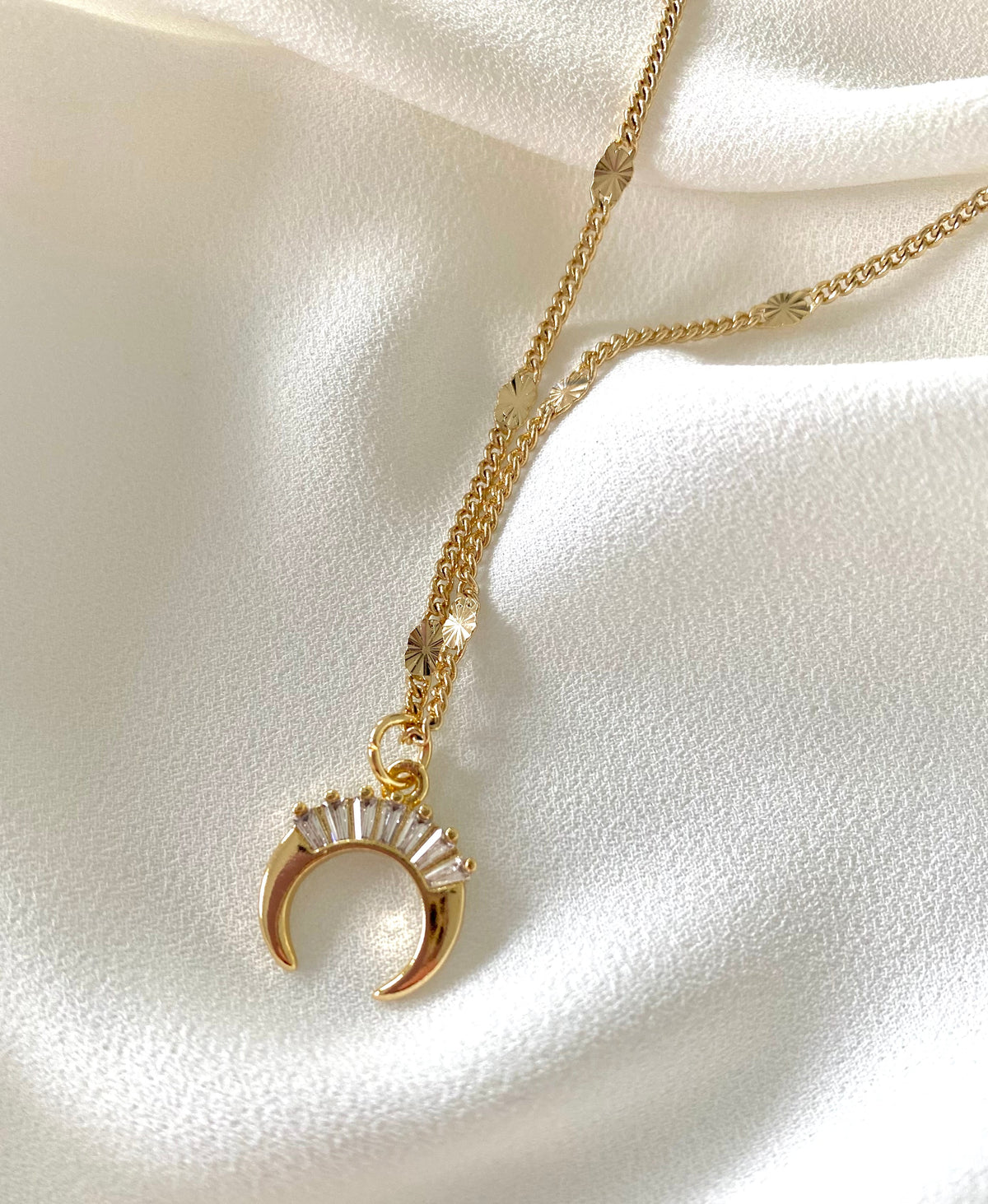 Dainty Gold Filled Crescent Moon with Crystals Pendant Necklace
