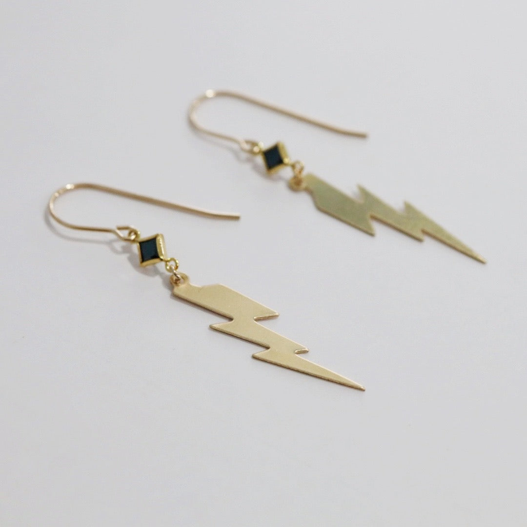 Lightning Bolt and Black Diamond Dangle Earrings in 14 karat Gold Fill / ready to ship