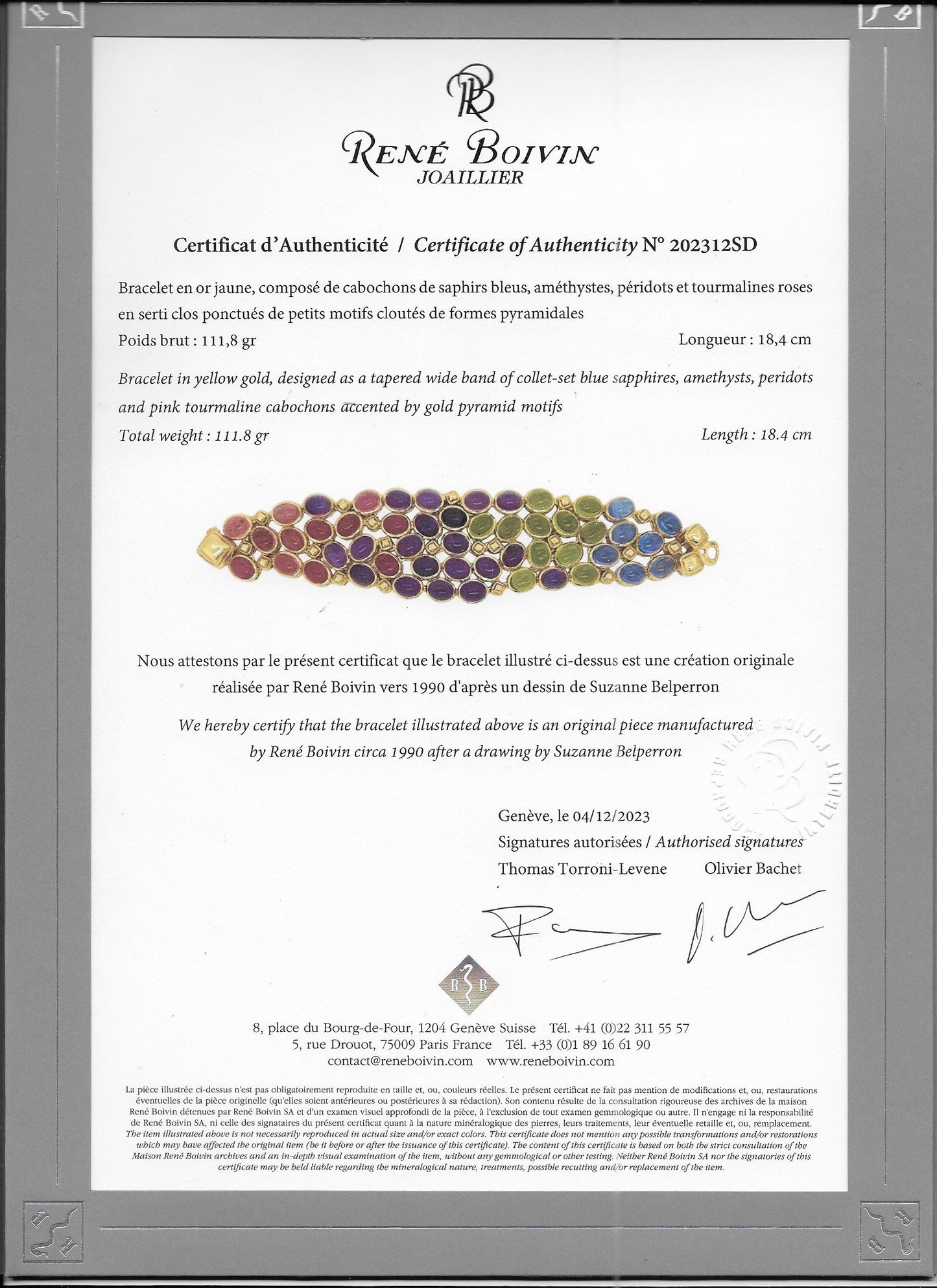 René Boivin Sapphire, Pink Tourmaline, Peridot and Amethyst Bracelet