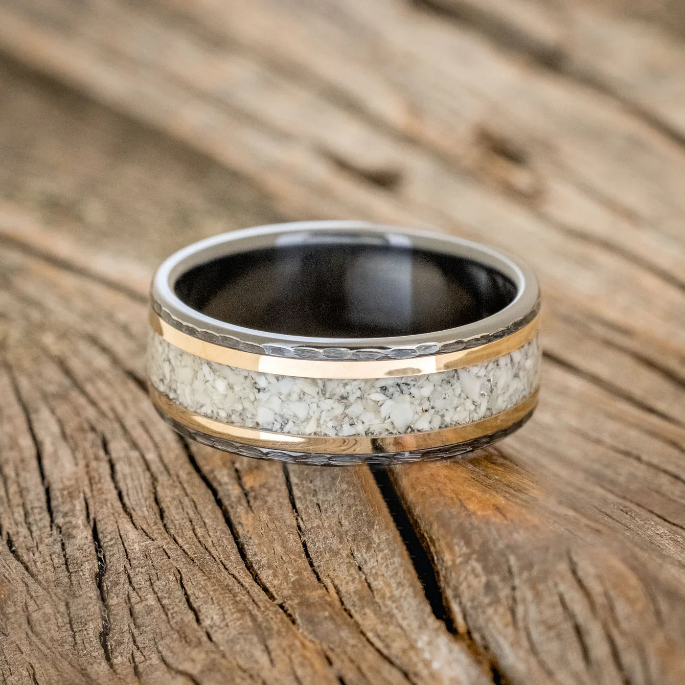 "Hollis" - Elk Tooth Ivory & 14K Yellow Gold Wedding Ring Featuring A Hammered Band - Black Zirconium (8mm) - Size 10 3/4