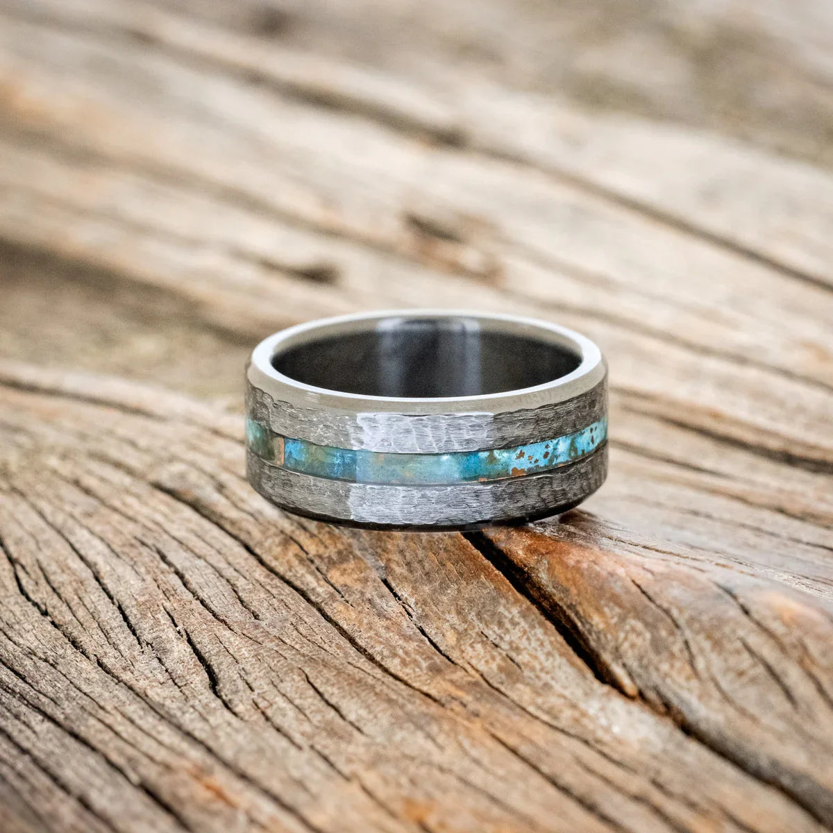 Nirvana" - Centered Patina Copper Wedding Band Featuring a Hammered Finish - Black Zirconium (8mm) - Size 8