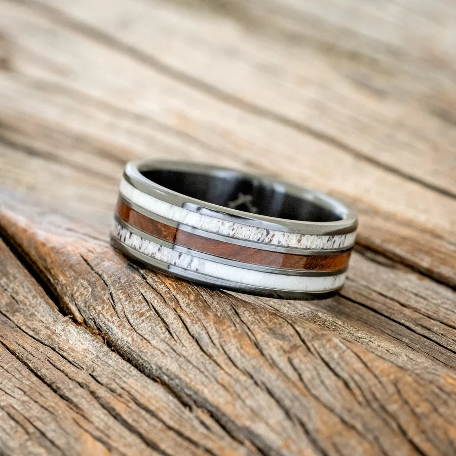 "Rio" - Ironwood & Antler Wedding Ring - Black Zirconium - Size 8