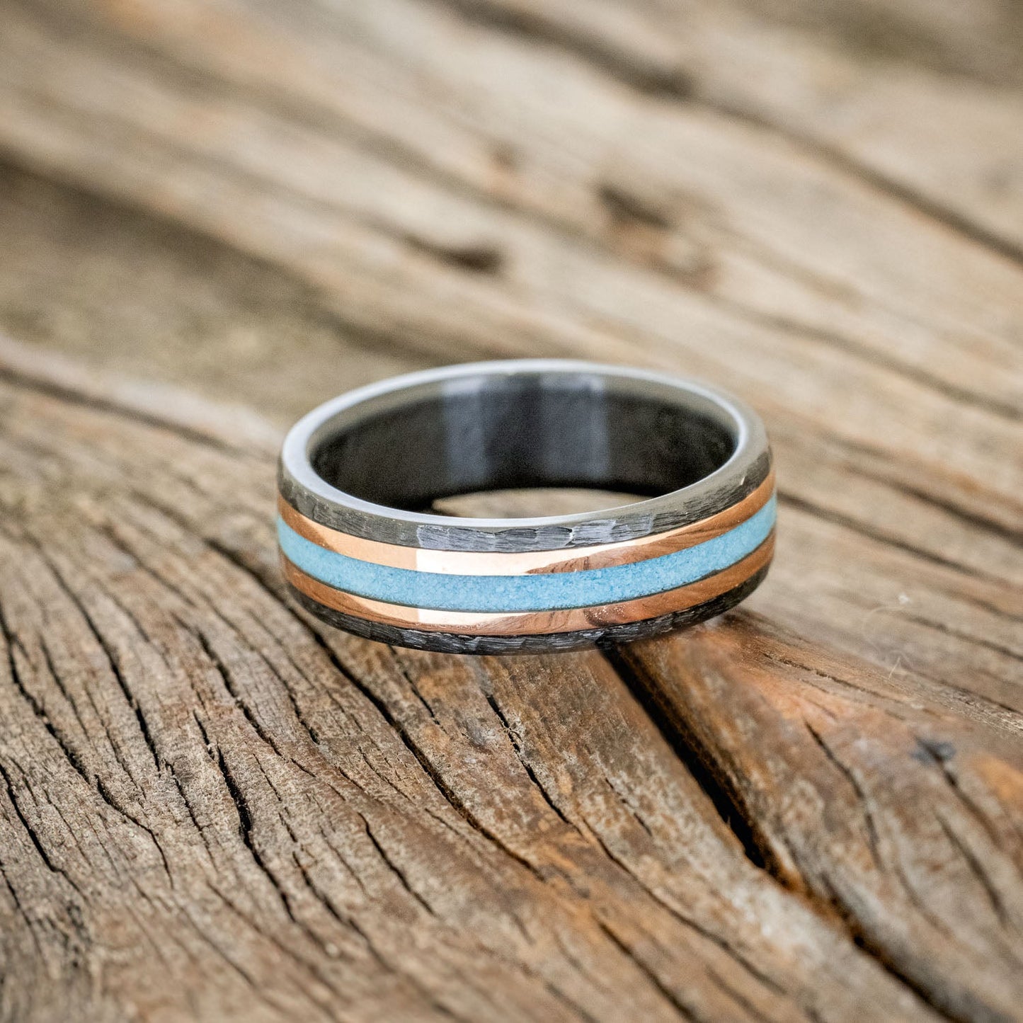 "Hollis" - Turquoise & 14K Yellow Gold Inlay Wedding Ring With Hammered Finish - Black Zirconium (6mm) - Size 9 1/2