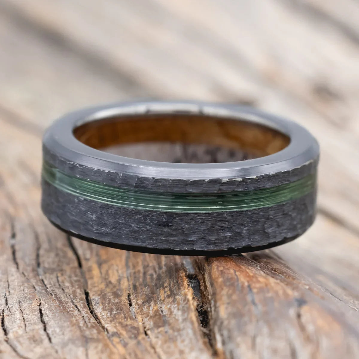 "Vertigo" - Green Mono Fishing Line Inlay Wedding Ring Featuring An Antler & Whiskey Barrel Lining With Hammered Finish - Black Zirconium (8mm) - Size 10 3/4