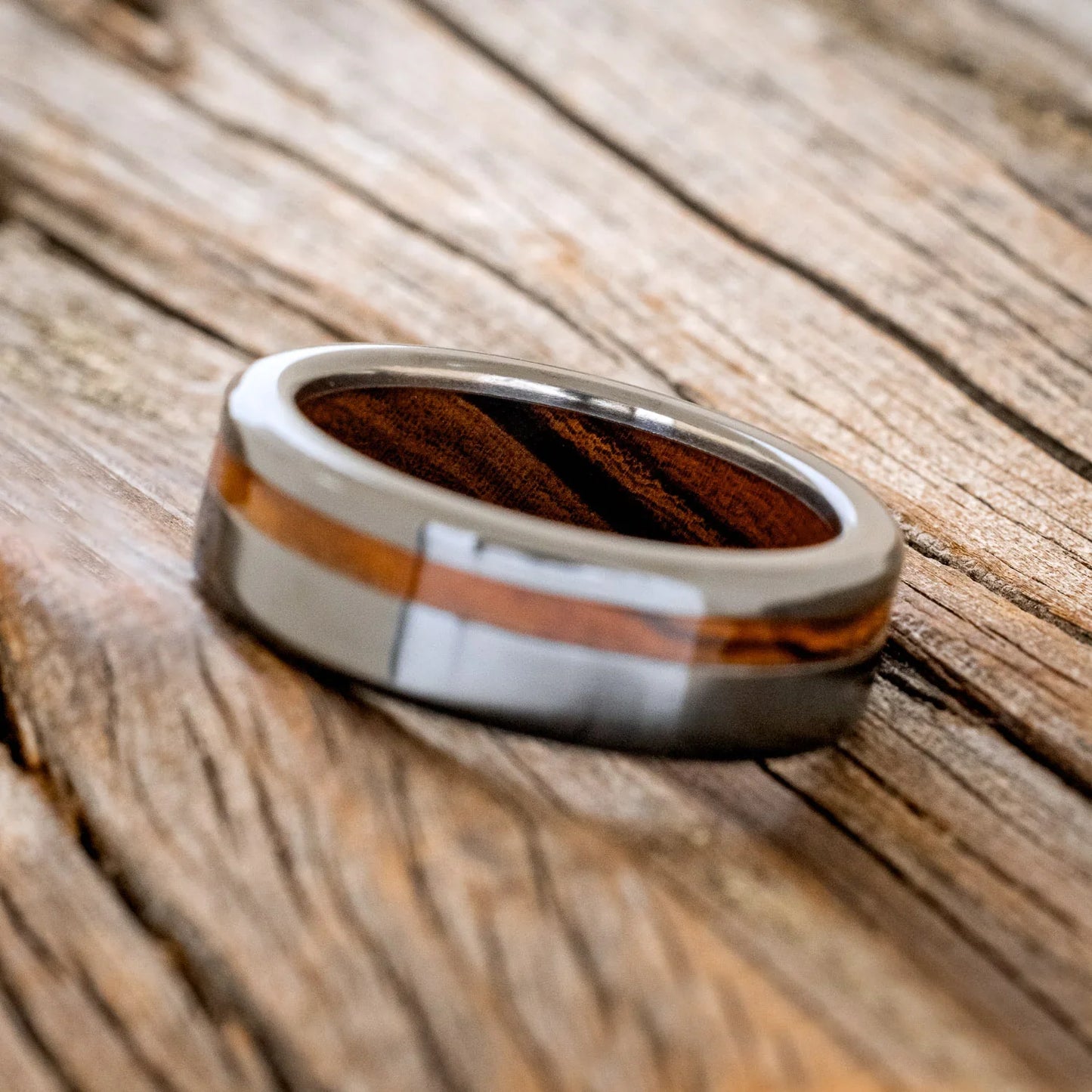 "Vertigo" - Ironwood Lining & Inlay Wedding Ring - Black Zirconium (8mm) - Size 9
