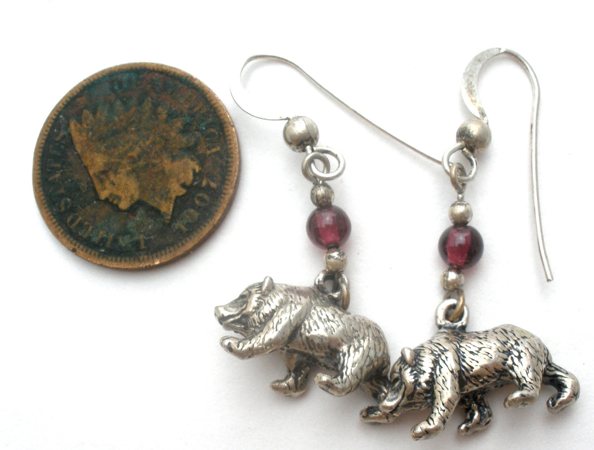 Bear Garnet Bead Dangle Earrings Sterling Silver