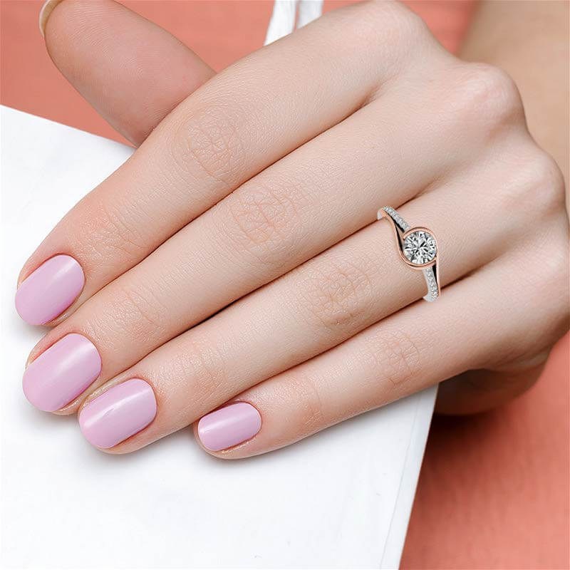 Bezel Round Moissanite Bypass Pave Two Tone Engagement Ring